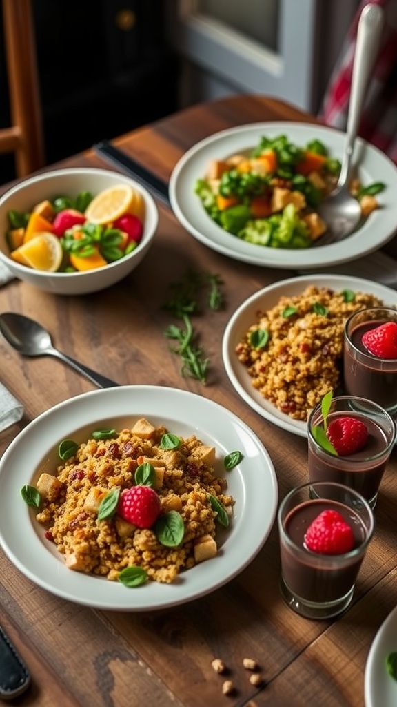 A beautifully set table for a vegan three-course dinner with salad, quinoa, and chocolate mousse.